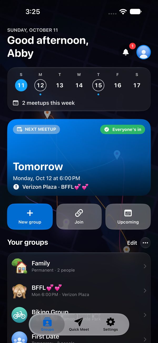 Split Drive home screen with this week&rsquo;s meetups and your groups