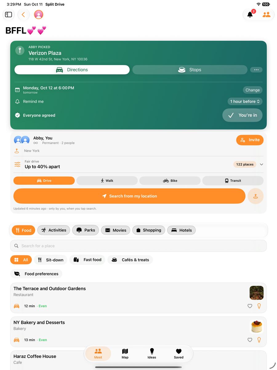 Split Drive on iPad: a group&rsquo;s agreed plan, travel options and nearby places